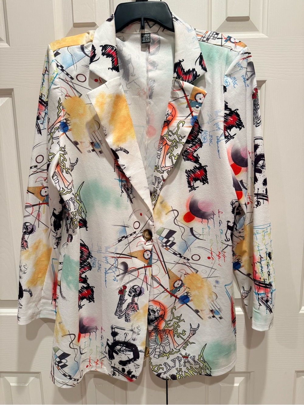 White Abstract Multicolor Printed Blazer Jacket